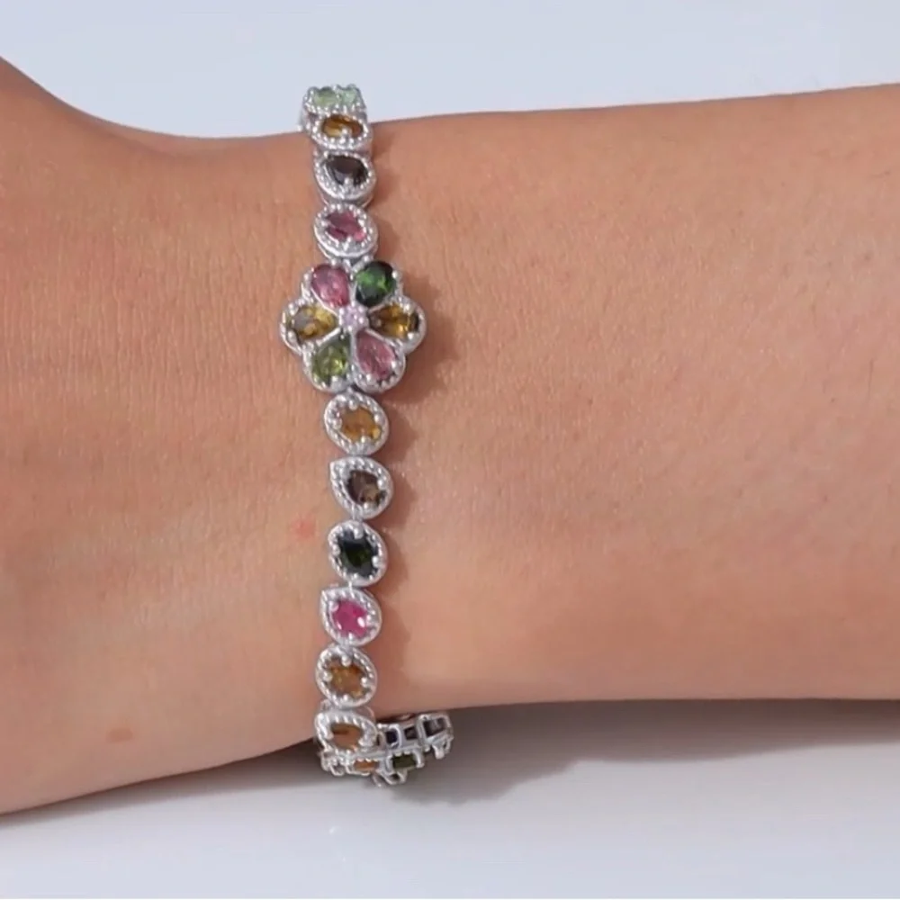 Multi-Tourmaline 8.6ctw Floral Sterling Silver Bracelet